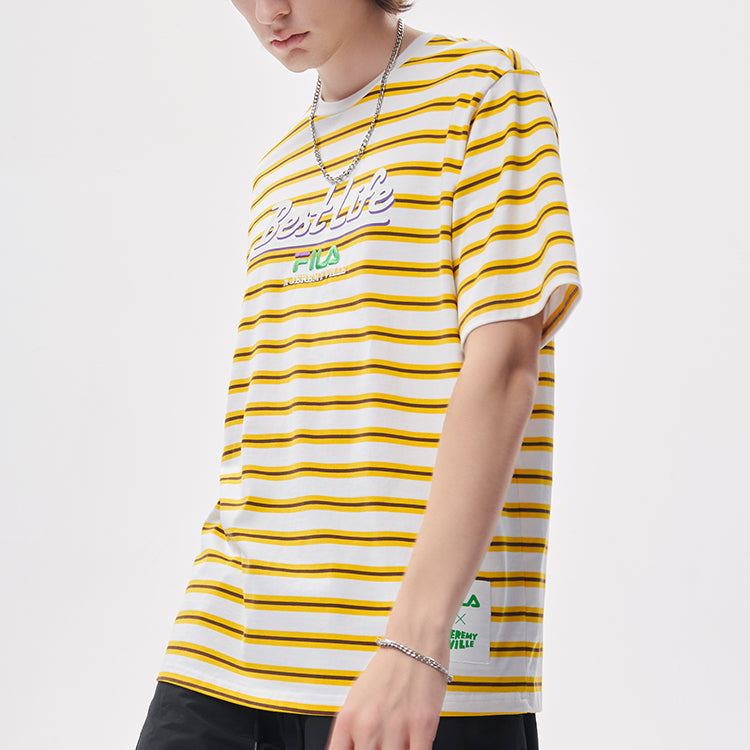 FILA FUSION x Jeremyville Crossover Contrasting Colors Stripe Printing Loose Short Sleeve Couple Style Yellow T11U139108F-WT