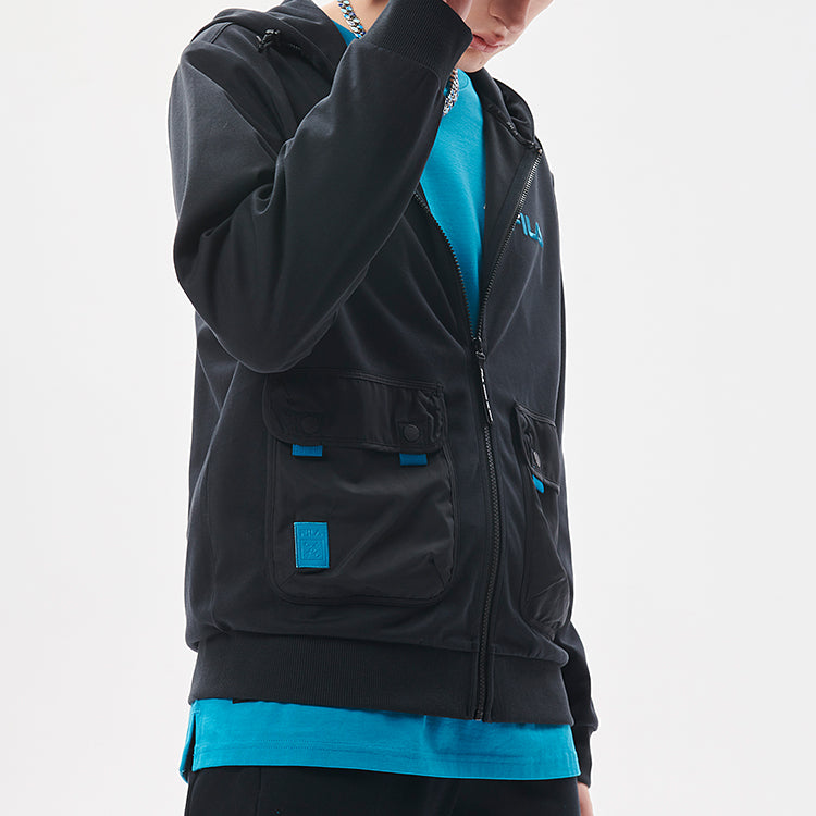 Men's FILA FUSION Big Pocket Splicing Logo Hooded Knit Jacket Dark Black T11M133501F-BK