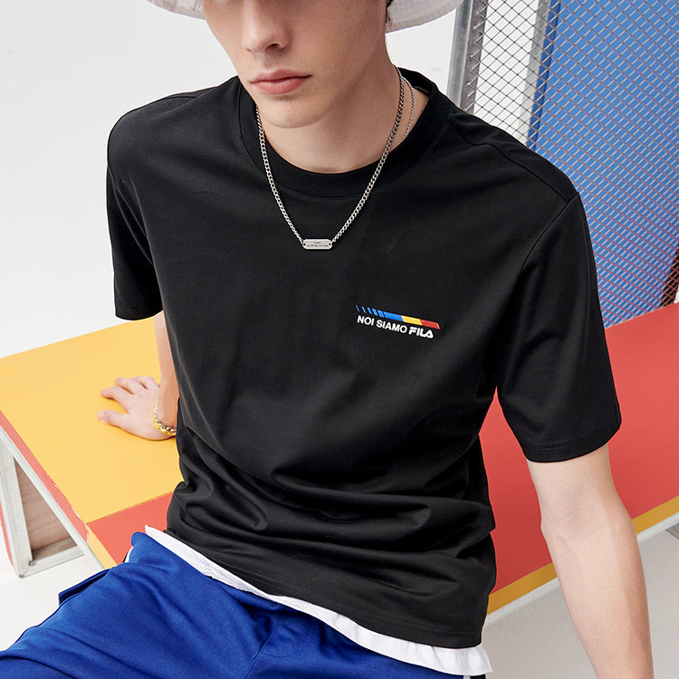 Men's FILA FUSION Alphabet logo Printing Sports Round Neck Short Sleeve Dark Black T-Shirt T11M121102F-BK