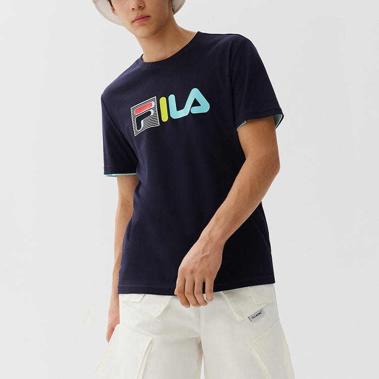 FILA Contrasting Colors Printing Logo Loose Round Neck Short Sleeve Blue F51M128175F-NV