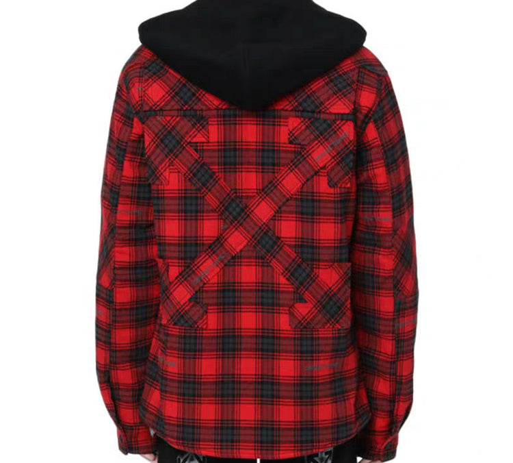 Off-White flannel hooded Plaid Shirt Jacket Red OMEA236E20FAB0012500