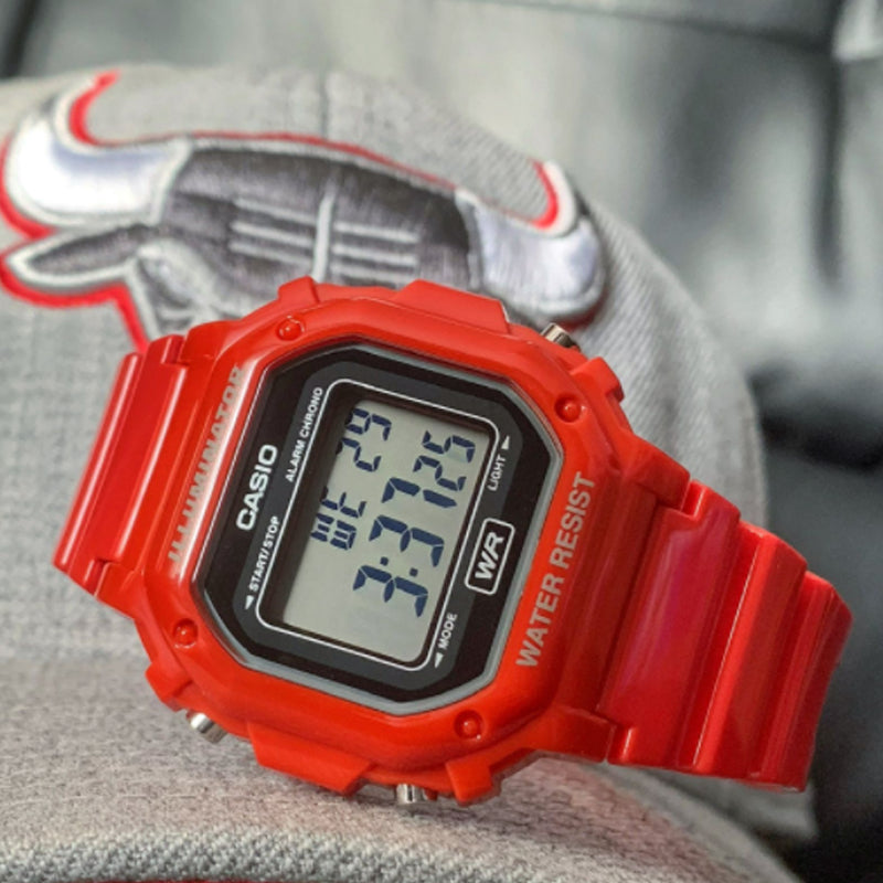 CASIO Small Cube Quartz 50m Waterproof Strap Mineral Glass Lens Resin Strap Watch Red Digital F-108WHC-4ACF