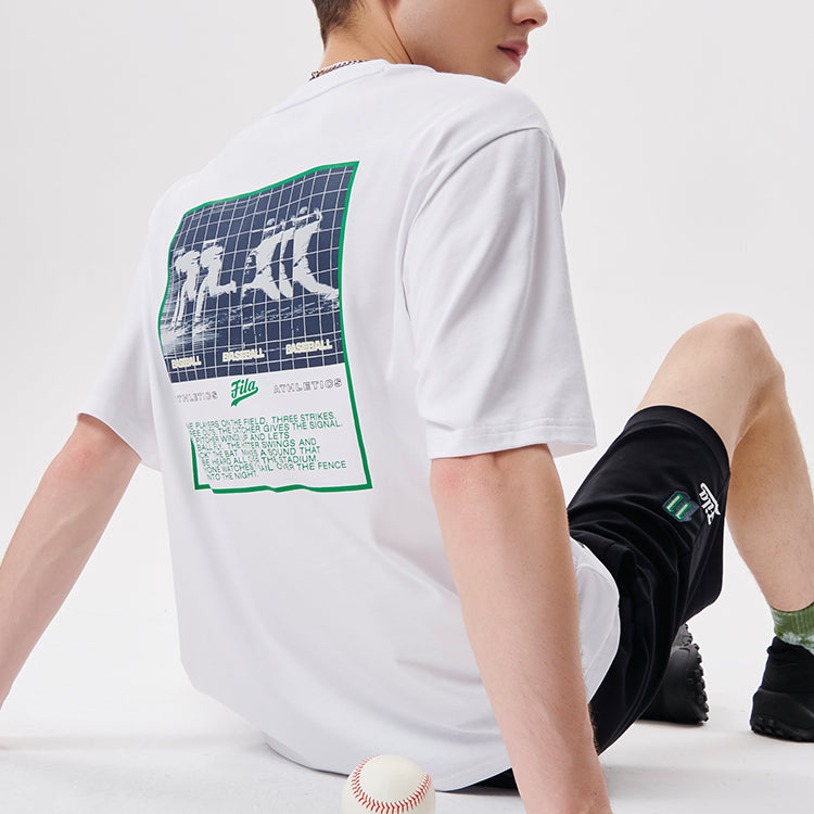 Men's FILA FUSION Subject Pattern Printing Knit Loose Sports Short Sleeve White T11M132106F-WT