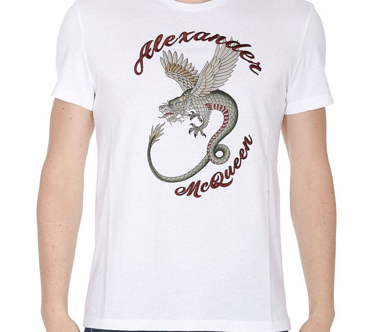 Men's Alexander McQueen Dragon Pattern Short Sleeve White 609578-QOZ92-0900