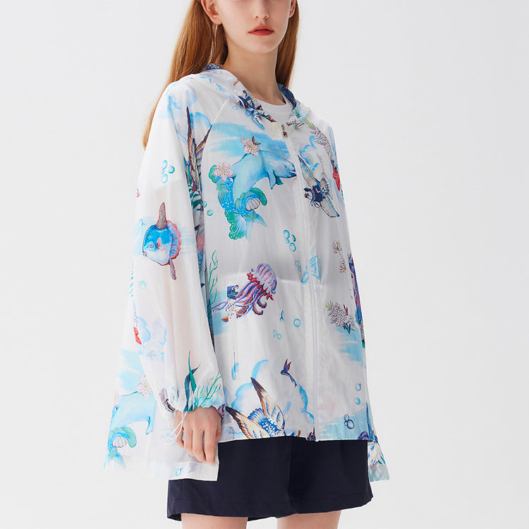 (WMNS) FILA Full Print Loose Woven Hooded Jacket 'White Blue' F11W128702F-WT