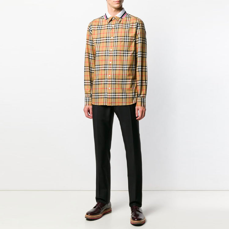 Men's Burberry Splicing Plaid Long Sleeves Shirt Beige 80049621