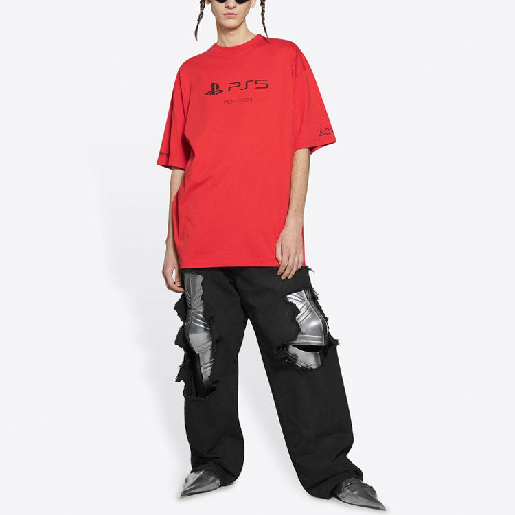 Balenciaga x PlayStation Crossover FW21 PS5 Alphabet Geometry Pattern Printing Short Sleeve Unisex Red 651795TKVF36552