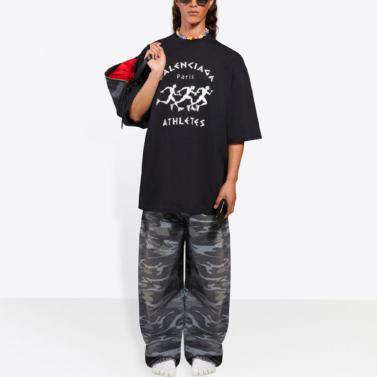 Men's Balenciaga Running Pattern Printing Logo Loose Short Sleeve Black 641614TJVK61070