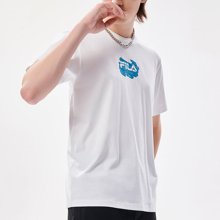 Men's FILA FUSION cycling Illustration Pattern Printing Knit Short Sleeve White T11M133104F-WT