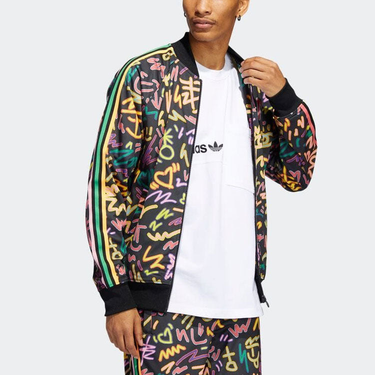 adidas originals Full Print Geometry Pattern Stripe Baseball Collar Long Sleeves Jacket Japanese version Black HC3088