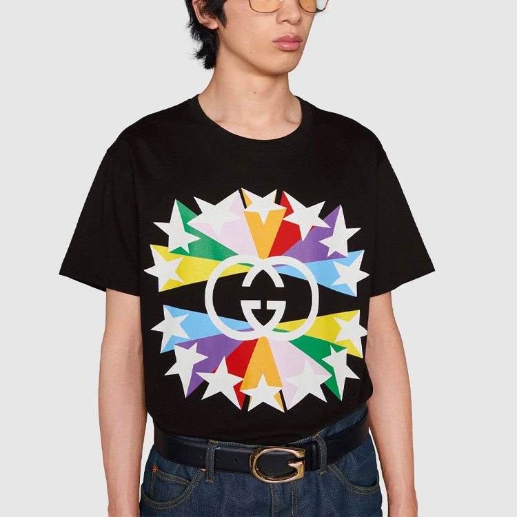 Men's Gucci FW21 Interlock Double G Printing Cotton Short Sleeve Black T-Shirt 548334-XJDNH-1082