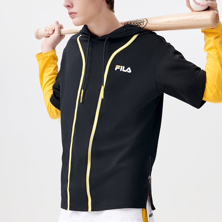 Men's FILA FUSION Contrasting Colors Stripe Splicing Knit hooded Short Sleeve Black T11M122501F-BK