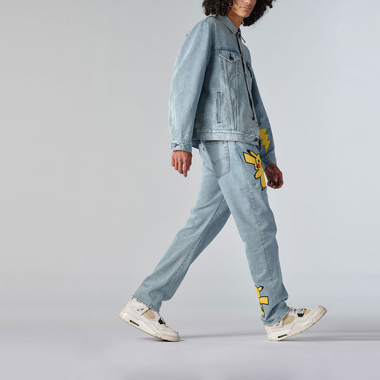 Men's Levis x Pokmon Crossover Pikachu Embroidered Cartoon Denim Jacket Cartoon Denim 77380-0040