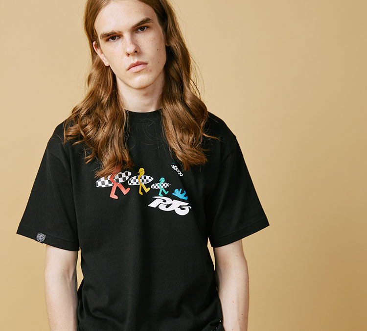 PJ's Vigor Multi-Color Surf Grid Pattern Printing Short Sleeve Unisex Black 20SSTS1024-P