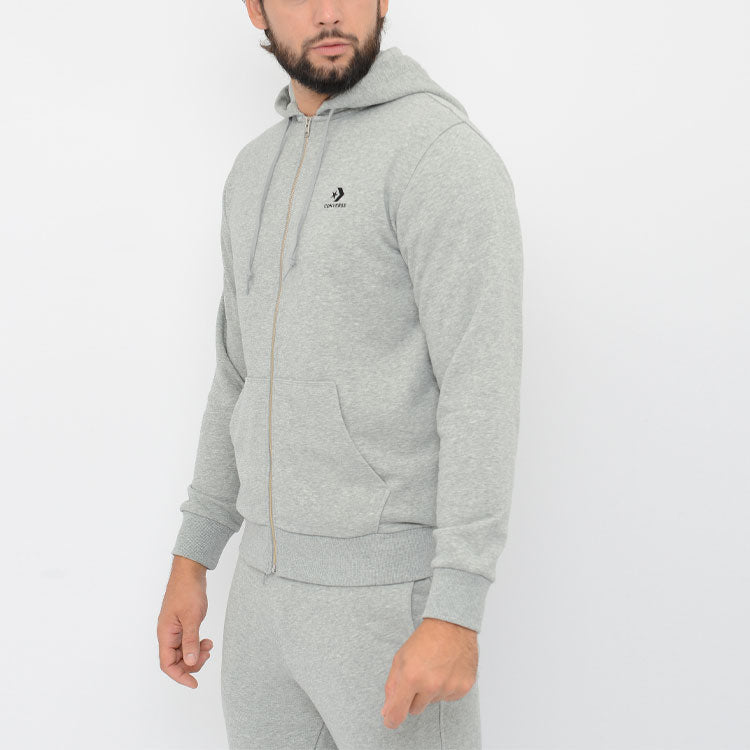 Men's Converse Logo Cardigan hooded Drawstring Jacket Gray 10020341-035