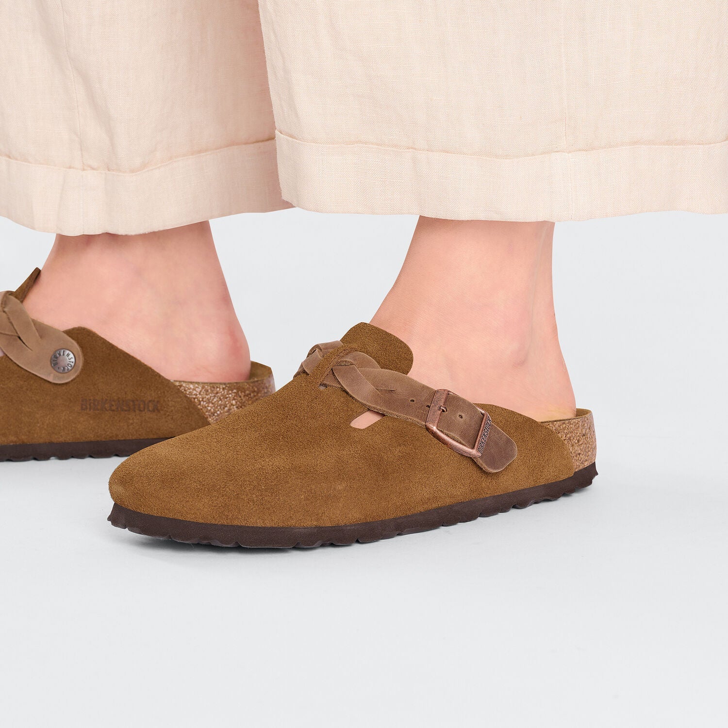 Birkenstock Boston Braided Suede Leather Narrow Fit Sandals 'Mink' 1026713