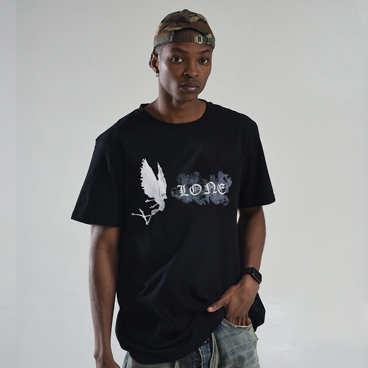 VLONE Smoke Demon Angel Pattern Alphabet Logo Short Sleeve Couple Style Black VLTE2001BK