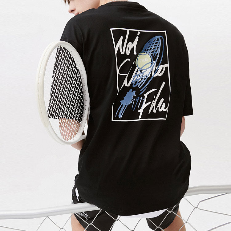 Men's FILA FUSION Alphabet Printing Loose Round Neck Knit Short Sleeve Black T11M121107F-BK