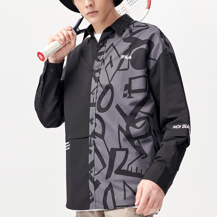 Men's FILA FUSION Character Printing Contrasting Colors Casual Loose Long Sleeves Dark Black Shirt T11M121702F-BK