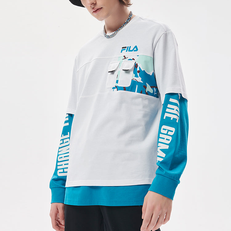 Men's FILA FUSION Pocket Splicing Cartoon Printing Loose Sports Round Neck Short Sleeve White T11M133107F-WT