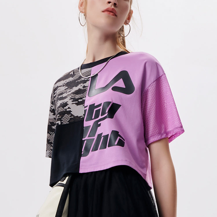 FILA FUSION Logo Printing Splicing Round Neck Loose Short Sleeve Black T11W136101F-VT