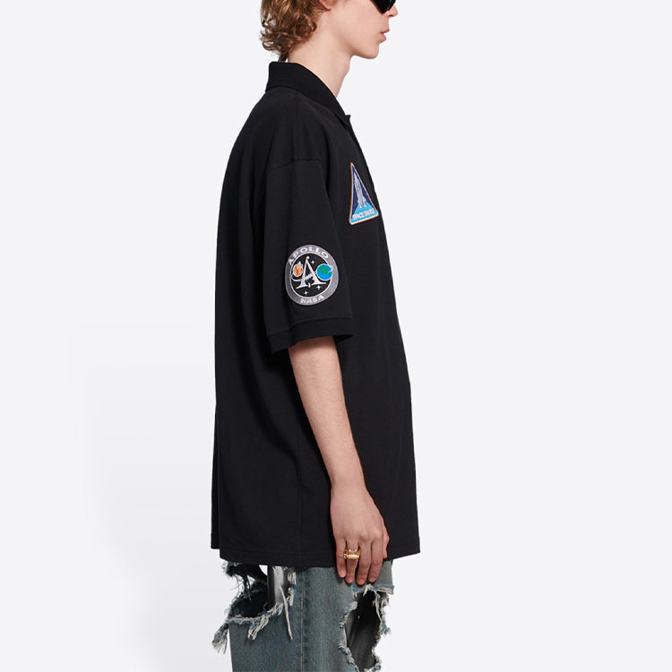 Men's Balenciaga x NASA Crossover FW21 Space Printing Cotton Solid Color Polo Shirt Black 662493TKVG11070