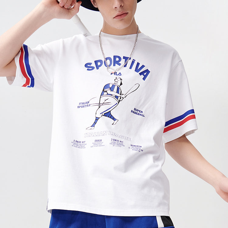 Men's FILA FUSION Baseball Printing Sports Loose Round Neck Short Sleeve White T-Shirt T11M122110A-WT