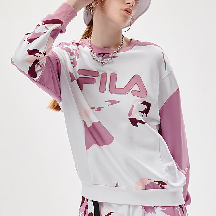 (WMNS) FILA FUSION Camouflage Contrasting Colors Loose Round Neck Pullover Hoodie Pink T11W133202F-PK