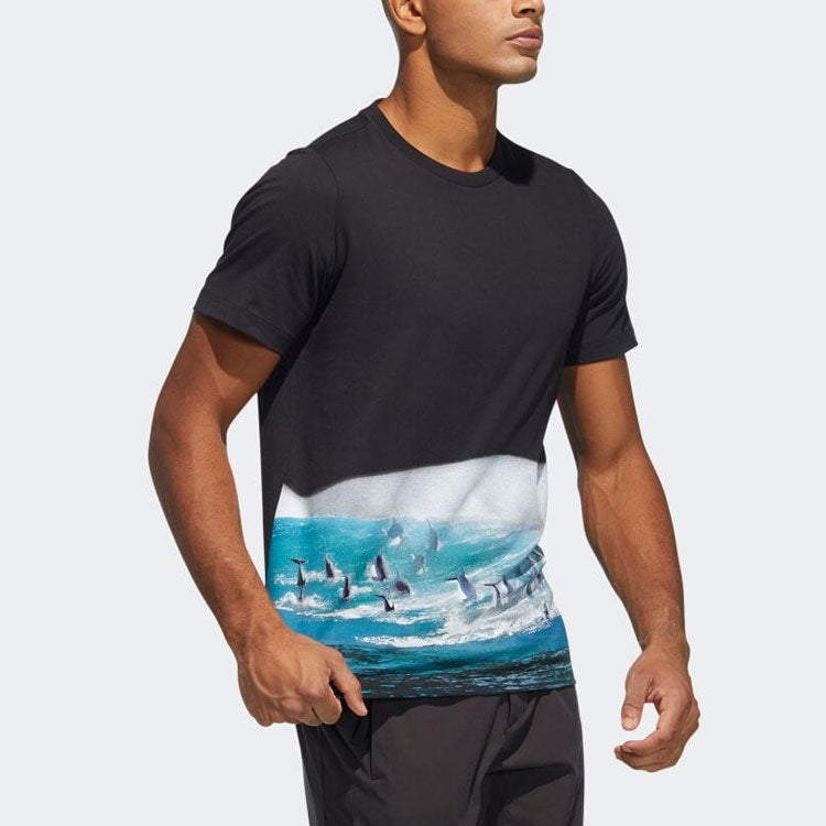 adidas Landscape Pattern Printing Round Neck Pullover Short Sleeve Black T-Shirt HE5193