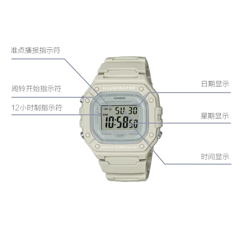 CASIO Fashion Stylish Sports 50m Waterproof White Watch Creamy Digital W-218HC-8AV