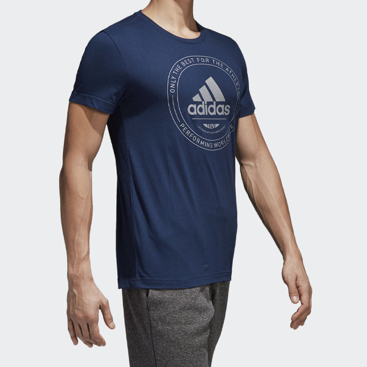 adidas Logo Printing ribbed Round Neck Short Sleeve Blue CV4517