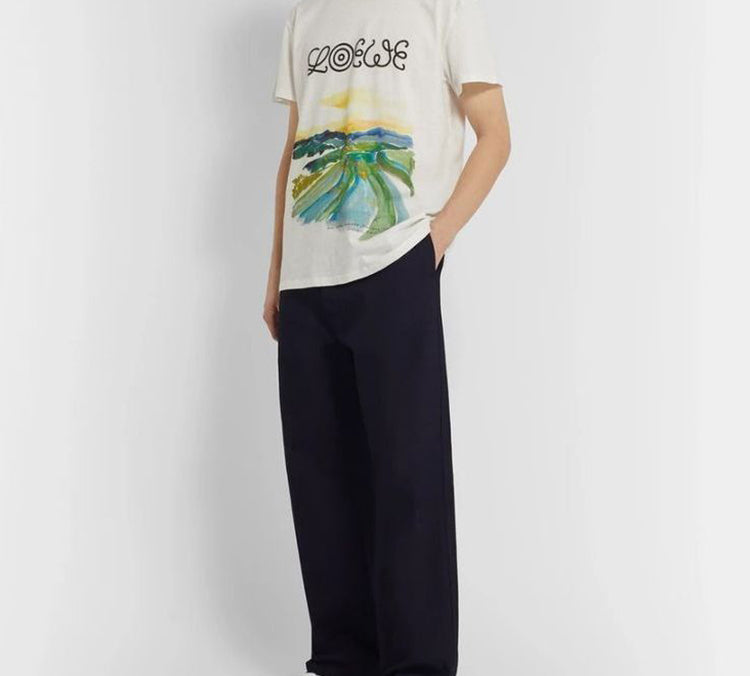 Men's LOEWE Watercolor Printing Cotton Short Sleeve White H6109831PC-2100