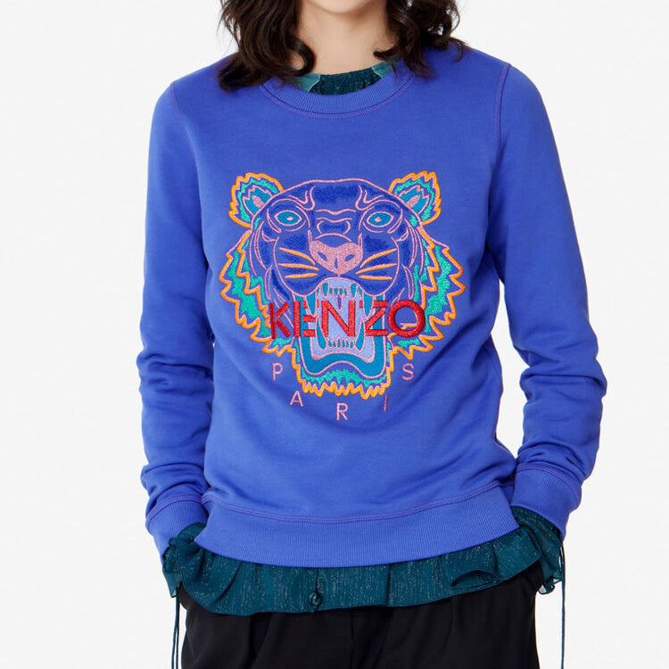 (WMNS) KENZO Embroidered Tiger Head Round Neck Blue Hoodie F962SW7164X7-80
