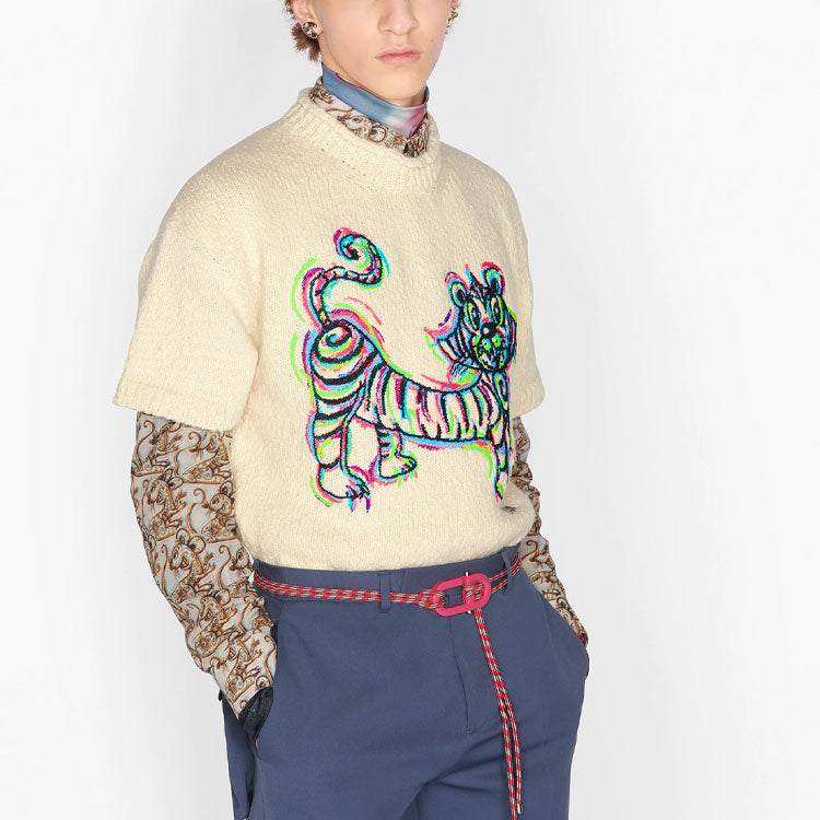 DIOR x KENNY SCHARF SS21 Tiger embroidered knitted Tee M Cream 193M636AT329-C089