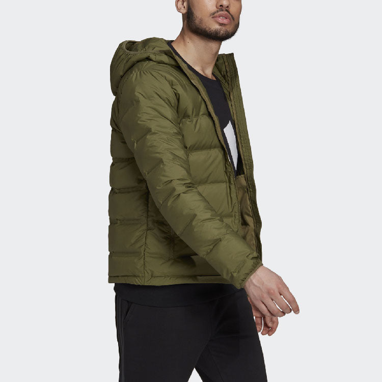 Men's adidas Logo Long Sleeves Hooded Stay Warm With Down Feather Green Jacket GU3954