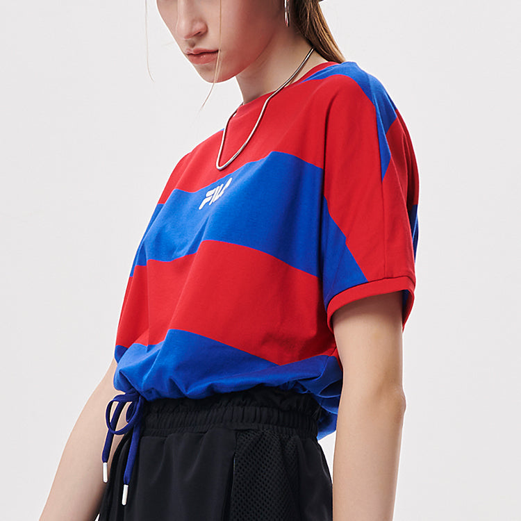 FILA FUSION Contrasting Colors Stripe Loose Round Neck Short Sleeve Blue T11W135106F-BU