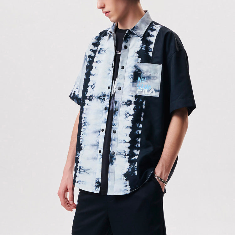 Men's FILA FUSION Alphabet Printing Contrasting Colors Tie Dye Casual Short Sleeve Shirt Black T11M131402F-BK
