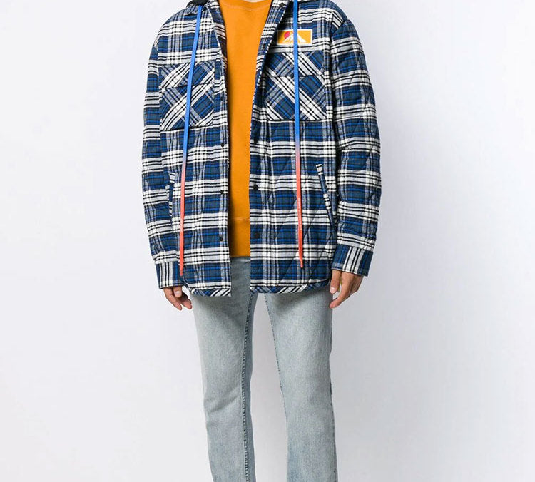 Off-White flannel Plaid Hooded Jacket Blue OMEA201F19F330033000