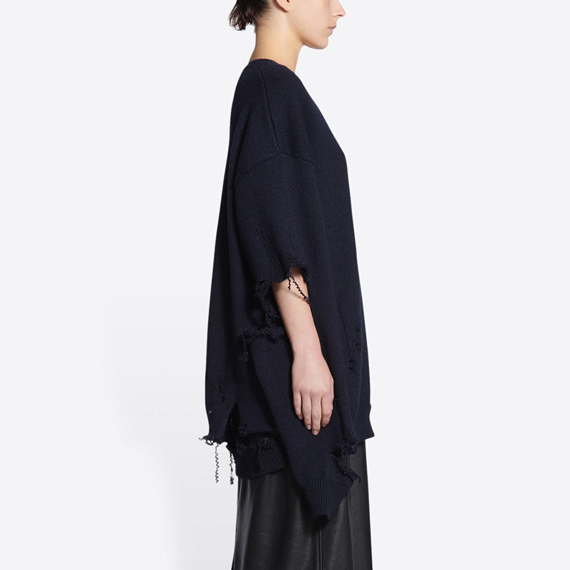 Balenciaga Destroyed V-Neck Knit Sweater 'Navy' 696091T16420414