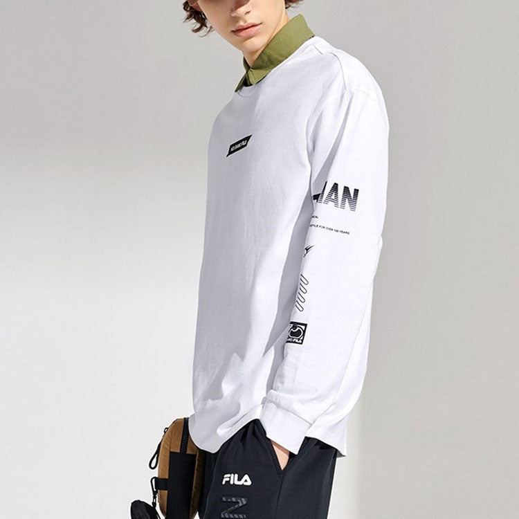 Men's FILA FUSION Alphabet Printing Sports Tennis Long Sleeves White T-Shirt T11M111201F-WT