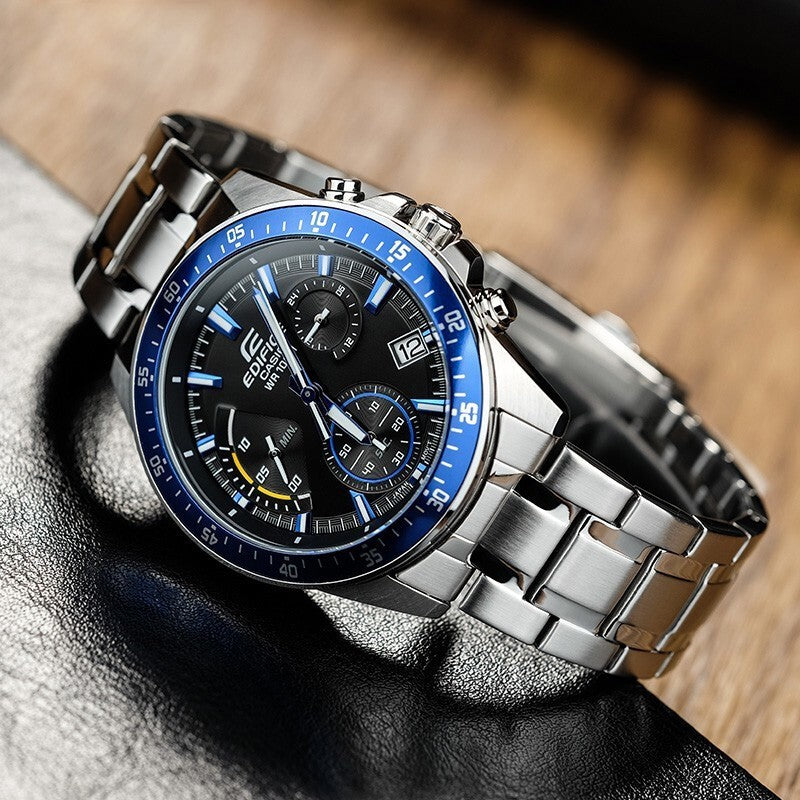 CASIO Business Style Waterproof Steel Belt Quartz Men Silver/ EDIFICE Stainless Steel Strap Mens Blue Analog EFV-540D-1A2