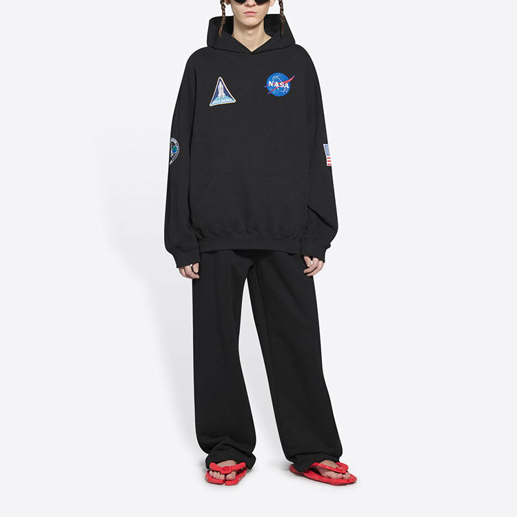 Men's Balenciaga x NASA FW21 Crossover Logo Cotton Classic hooded Loose Long Sleeves Black 651799TKVD81070