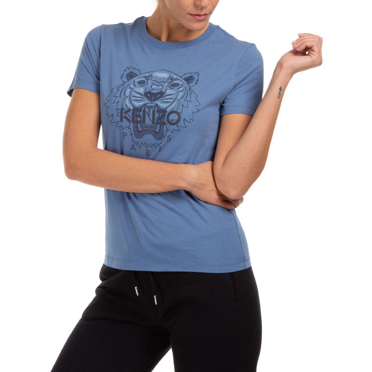 KENZO Tiger Head Printing Pattern Round Neck Short Sleeve Blue FA62TS8464YB-67