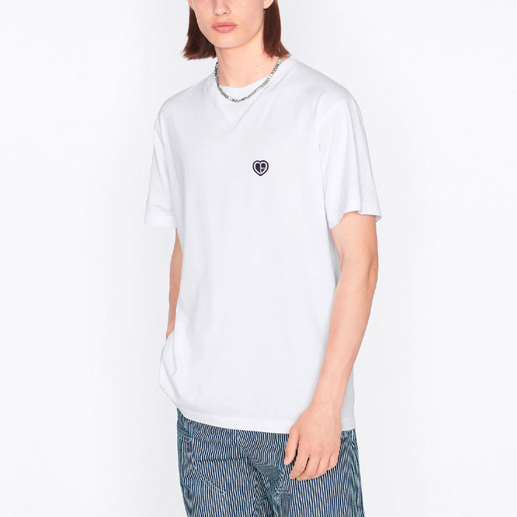 Men's DIOR SS22 Cotton Plain Weave Knit Material CD Heart Short Sleeve White T-Shirt 213J685A0677-C001