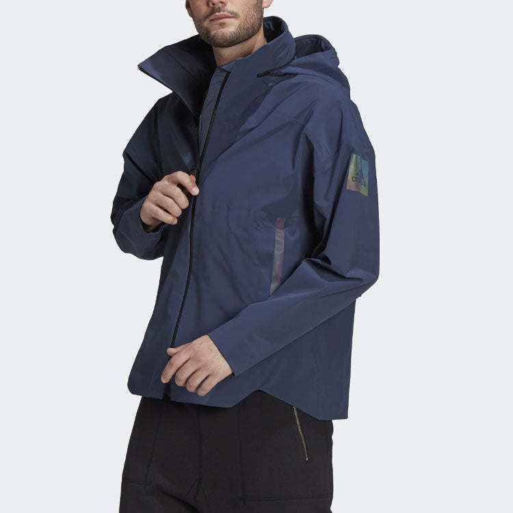Men's adidas Outdoor Sports Stripe Hooded Rainproof 3M Reflective Navy Blue Jacket GR0596