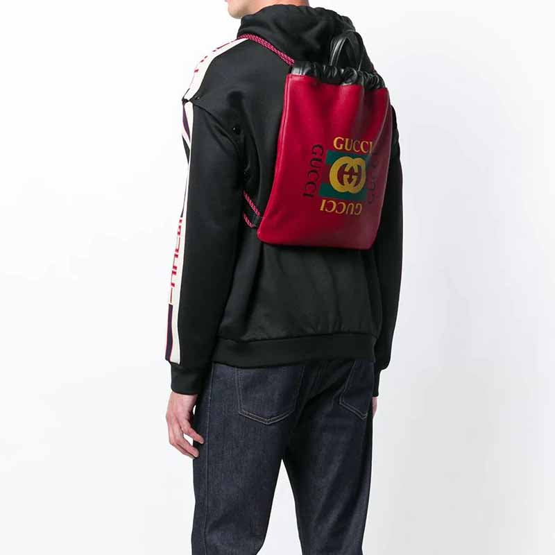 Gucci Print Retro Logo Printing Leather Drawstring Schoolbag Backpack Small / Red 523586-0GDBT-6462