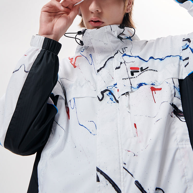 Men's FILA FUSION x FUTURA Crossover Splash Ink Full Print Woven Sports Hooded Jacket White T11M138704F-WT
