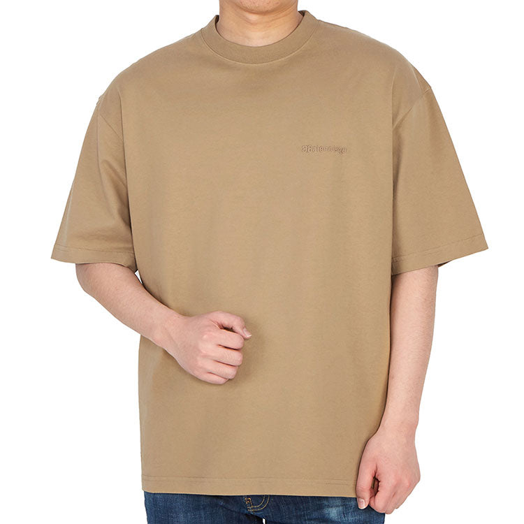 Men's Balenciaga SS21 Loose Round Neck Alphabet Embroidered Logo Short Sleeve Khaki 612966TJV879504
