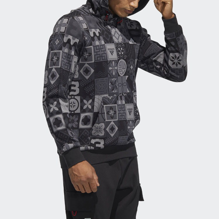 Men's adidas Cny Aop Hood Pattern Full Print Sports Black HC0271