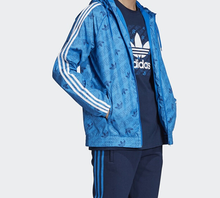 adidas originals Mono Windbreak Full Print Logo hooded Jacket Blue ED7046